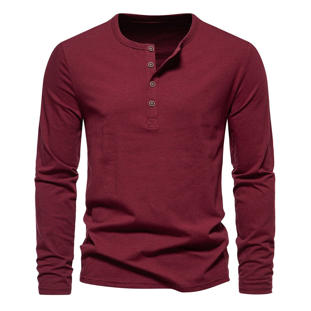 Cloudstyle Mens Shirt Solid Color Four-Button Henley Collar Long Sleeve T-Shirt Image 1