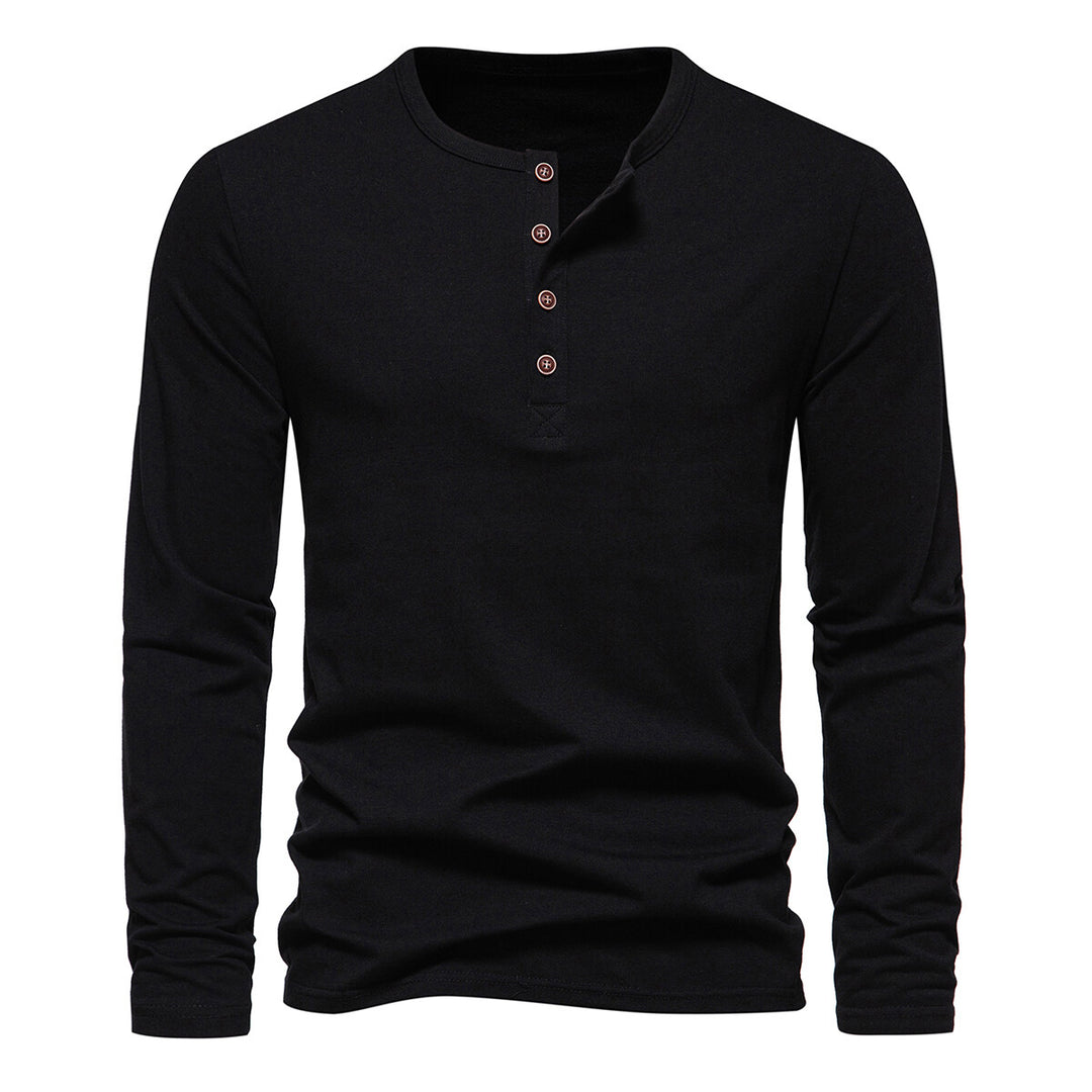 Cloudstyle Mens Shirt Solid Color Four-Button Henley Collar Long Sleeve T-Shirt Image 4