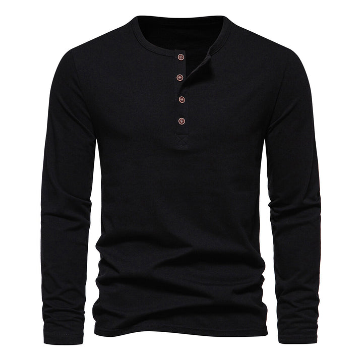 Cloudstyle Mens Shirt Solid Color Four-Button Henley Collar Long Sleeve T-Shirt Image 4