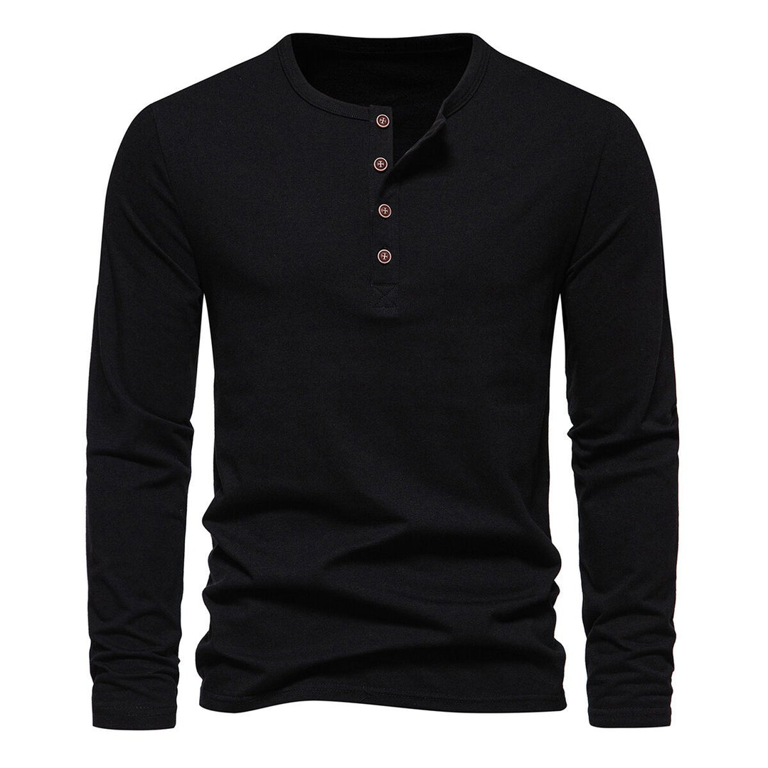 Cloudstyle Mens Shirt Solid Color Four-Button Henley Collar Long Sleeve T-Shirt Image 1