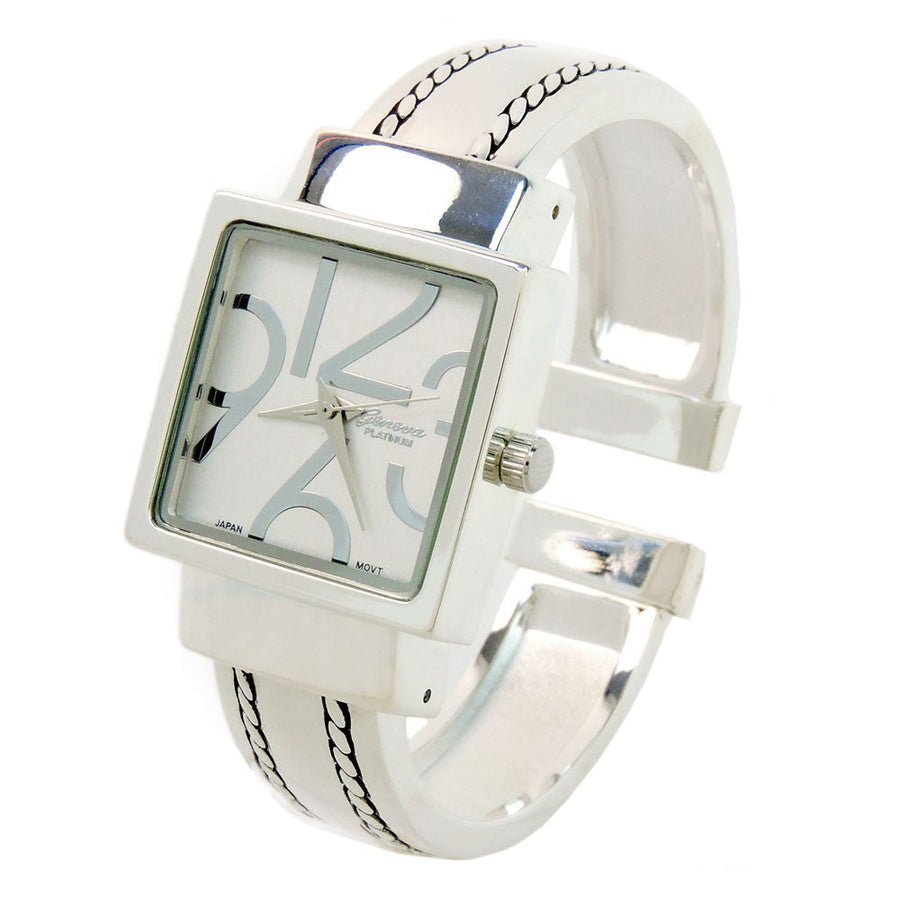 Silver Square Dial with Oversized Hours Stitch Style Bangle Cuff Watch for Women Image 1