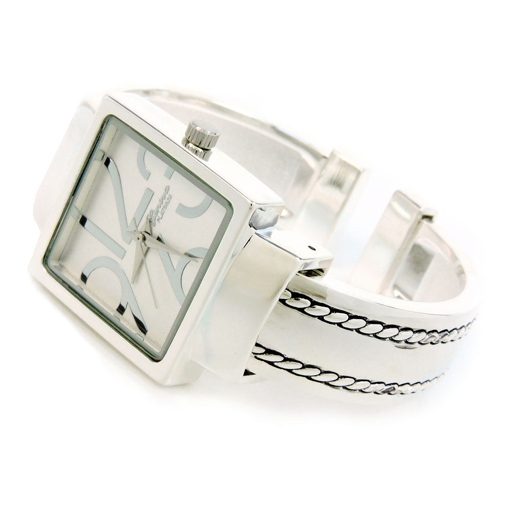 Silver Square Dial with Oversized Hours Stitch Style Bangle Cuff Watch for Women Image 2