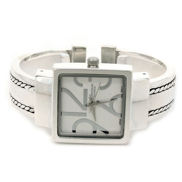 Silver Square Dial with Oversized Hours Stitch Style Bangle Cuff Watch for Women Image 3