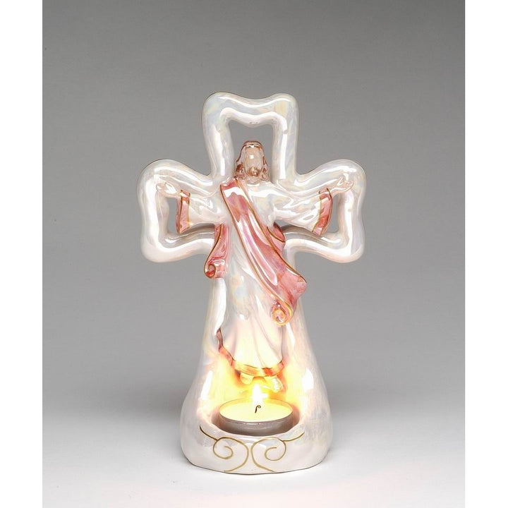 Kevins Gift Shoppe Ceramic Jesus with Cross Tealight Candle Holder Image 3