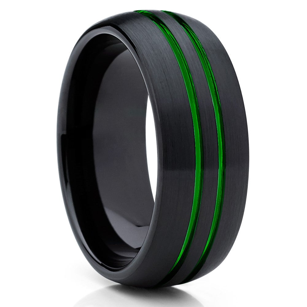 8mm Black Tungsten Carbide Engagement Ring with Green Groove Comfort Fit Image 1