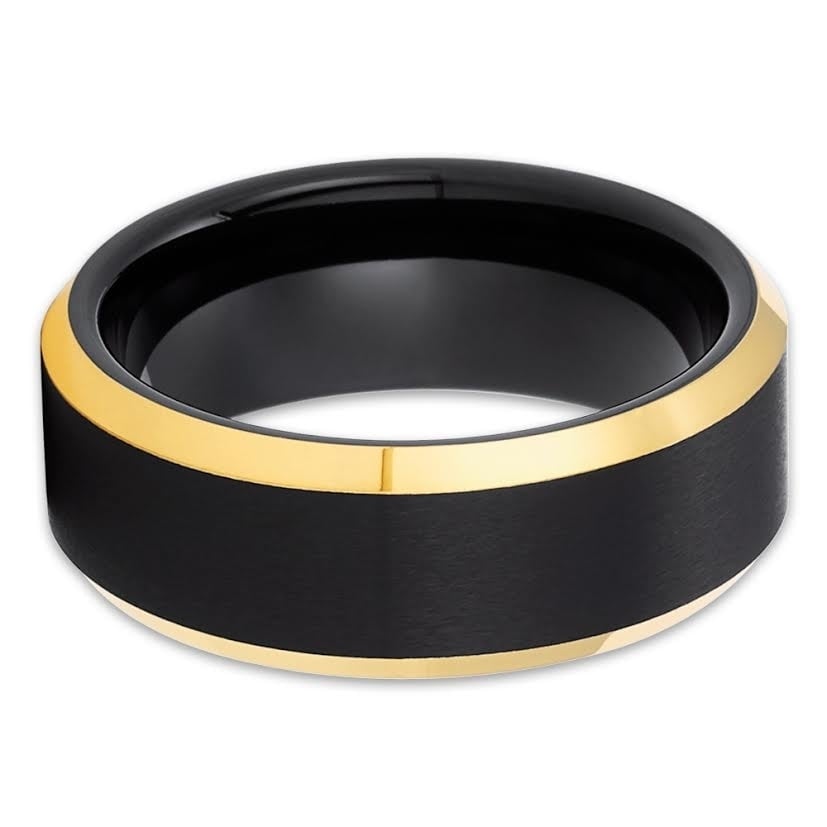 8mm Black Tungsten Ring with Yellow Gold Edges Mens Engagement Image 2