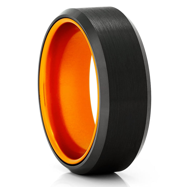 8mm Black and Orange Tungsten Carbide Engagement Ring Comfort Fit Hypoallergenic Image 1