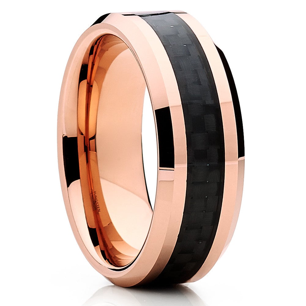 8mm Rose Gold Tungsten Carbide Wedding Ring with Carbon Fiber Comfort Fit Image 1