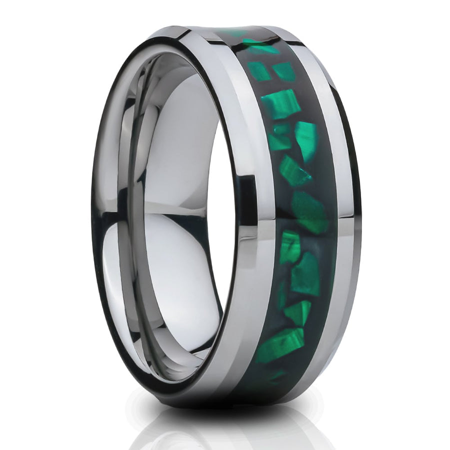 Tungsten Carbide Wedding Ring 8mm Silver Green Abalone Comfort Fit Hypoallergenic Image 1