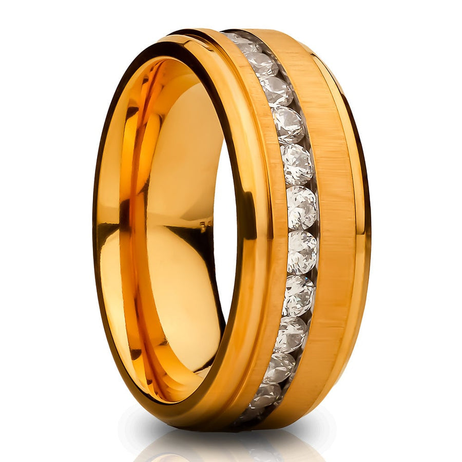 8mm Yellow Gold Tungsten Wedding Ring Comfort Fit CZ Inlay Size 7-12.25 Image 1