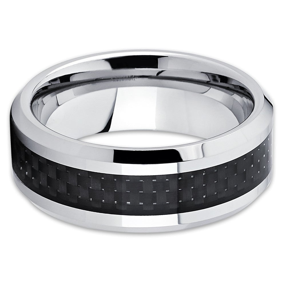 Carbon Fiber Tungsten Carbide Wedding Ring 8mm Silver Comfort Fit Sizes 7-15 Image 2