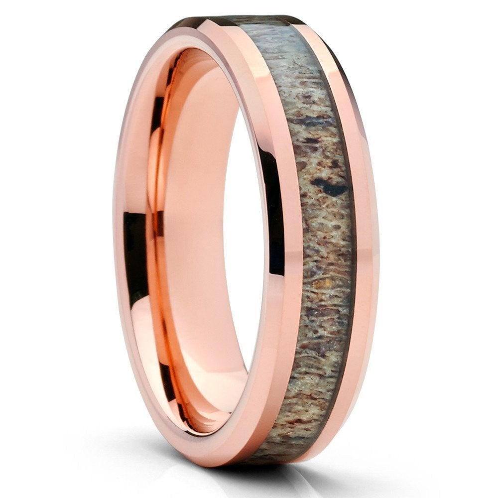 Deer Antler Inlay Tungsten Wedding Ring 6mm Rose Gold Comfort Fit Cobalt Free Image 1