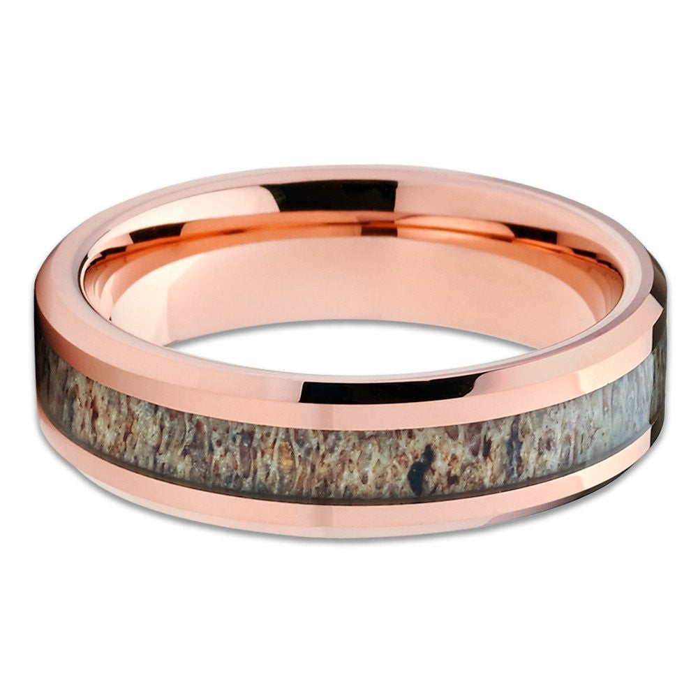 Deer Antler Inlay Tungsten Wedding Ring 6mm Rose Gold Comfort Fit Cobalt Free Image 2