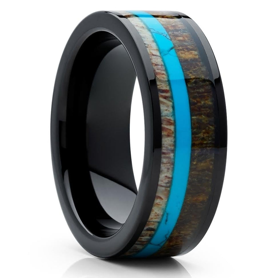 Deer Antler Black Tungsten Ring 8mm Turquoise Inlay Comfort Fit Cobalt Free Image 1