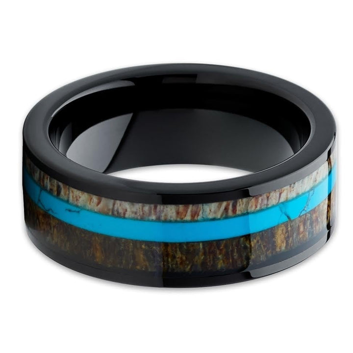 Deer Antler Black Tungsten Ring 8mm Turquoise Inlay Comfort Fit Cobalt Free Image 2