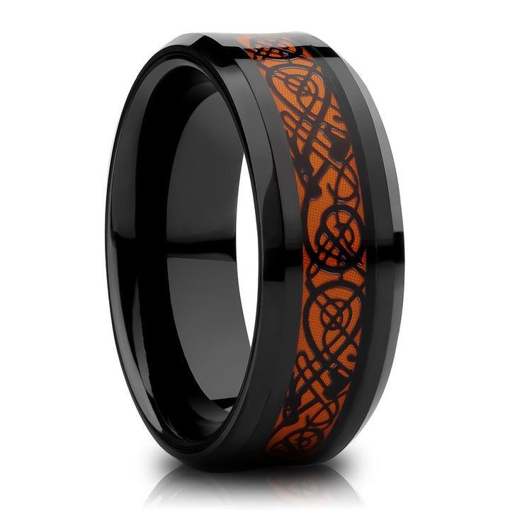 Dragon Tungsten Carbide Wedding Ring 8mm Orange Inlay Cobalt Free Comfort Fit Image 1