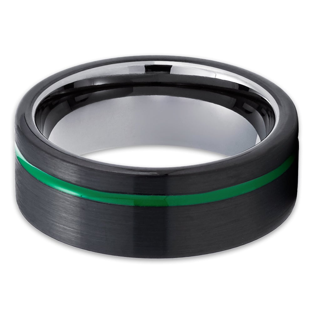 Gunmetal Tungsten Wedding Ring 8mm Black Tungsten Anniversary Ring Green Inlay Image 2