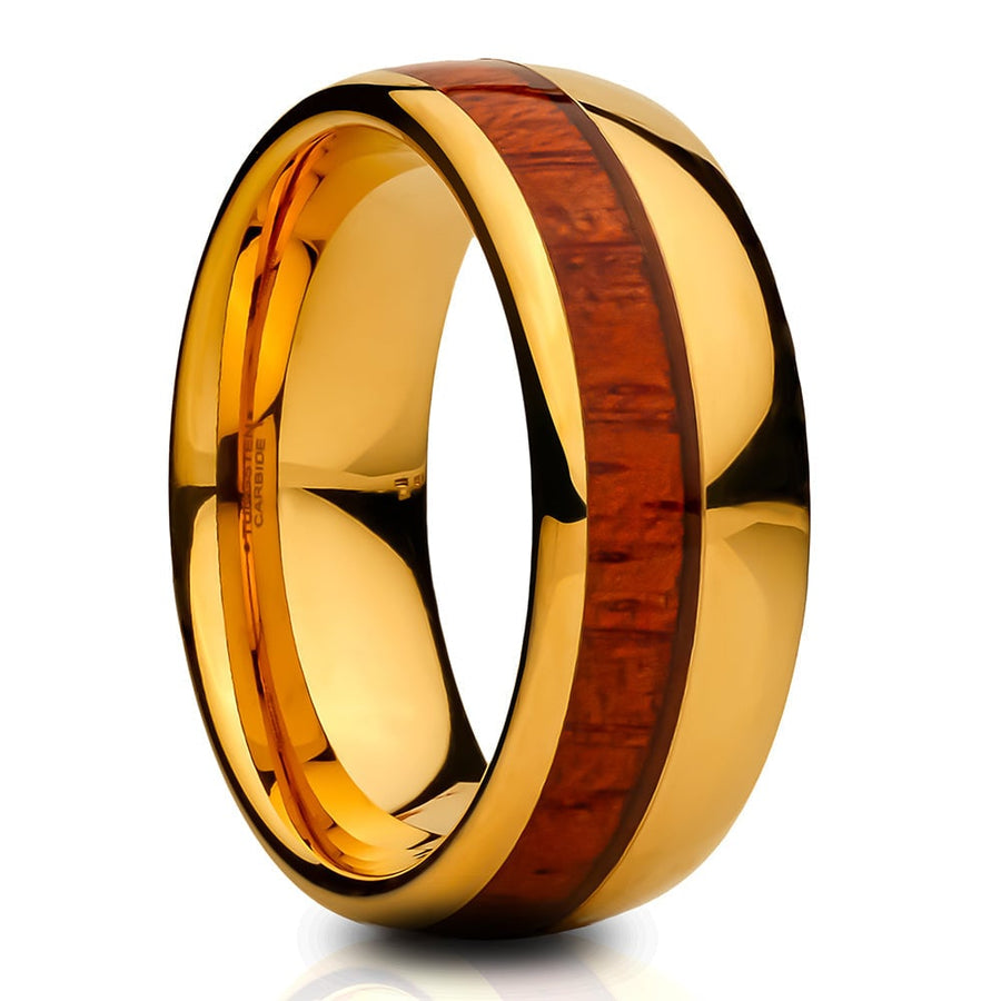 Koa Wood Tungsten Wedding Ring 8mm Yellow Gold Comfort Fit Unique Band Size 7-15 Image 1