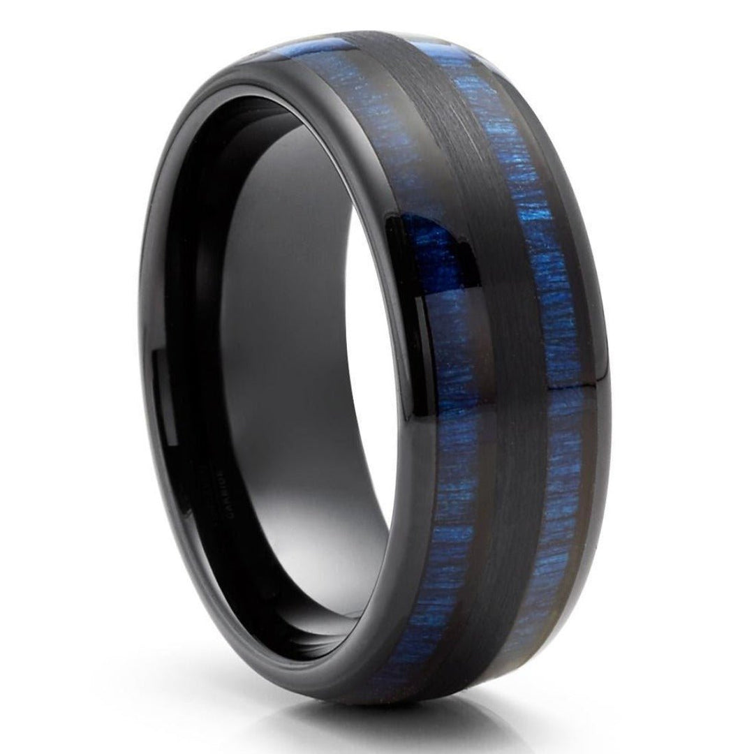 Black Tungsten Engagement Wedding Ring 8mm Comfort Fit Blue Bamboo Wood Image 1