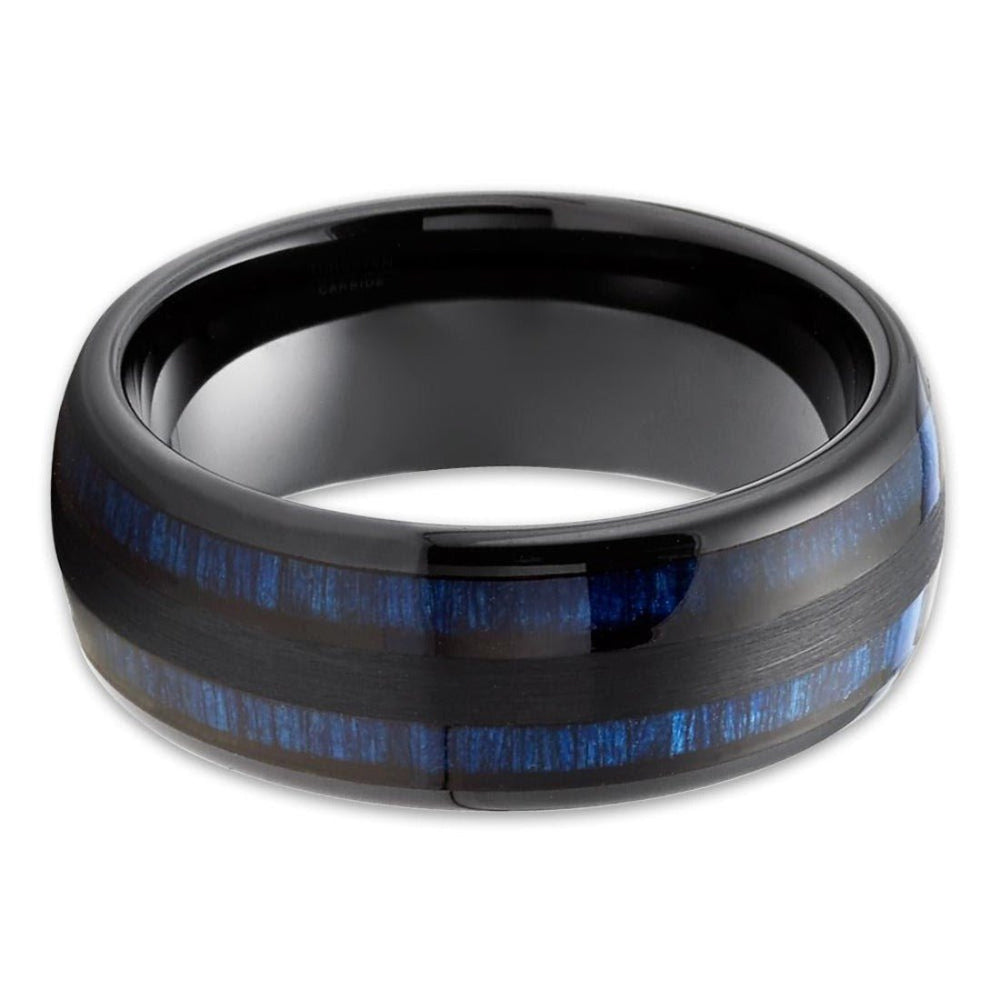 Black Tungsten Engagement Wedding Ring 8mm Comfort Fit Blue Bamboo Wood Image 2