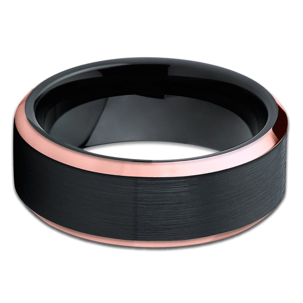 Black Tungsten Carbide Wedding Ring 8mm Rose Gold IP Beveled Edge Comfort Fit Image 2