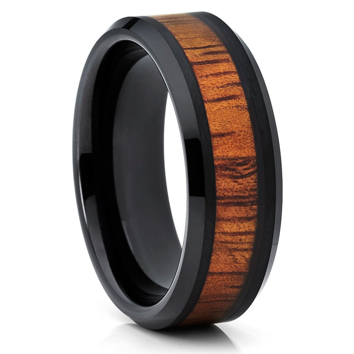 Koa Wood Inlay Black Tungsten Carbide Wedding Ring 8mm Comfort Fit Sizes 7-15 Image 1