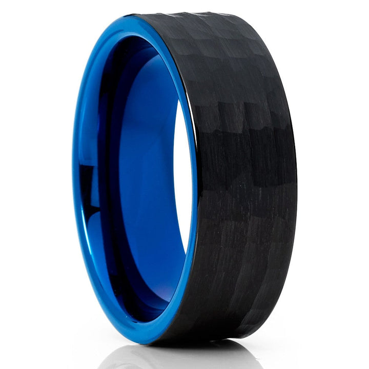 Blue Hammered Tungsten Wedding Ring 8mm Two Tone Black Blue Cobalt Free Image 1