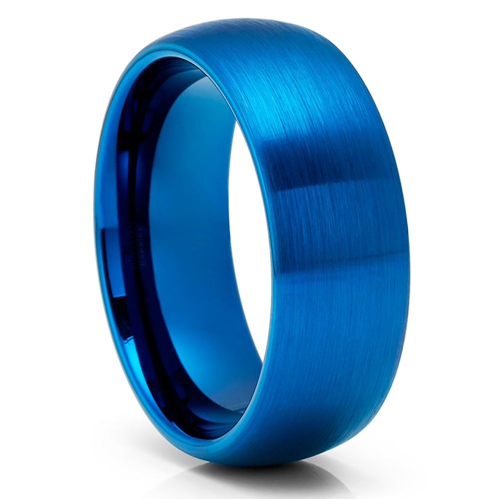 Blue Tungsten Carbide Wedding Ring 8mm Unique Brushed Finish Cobalt Free Image 1