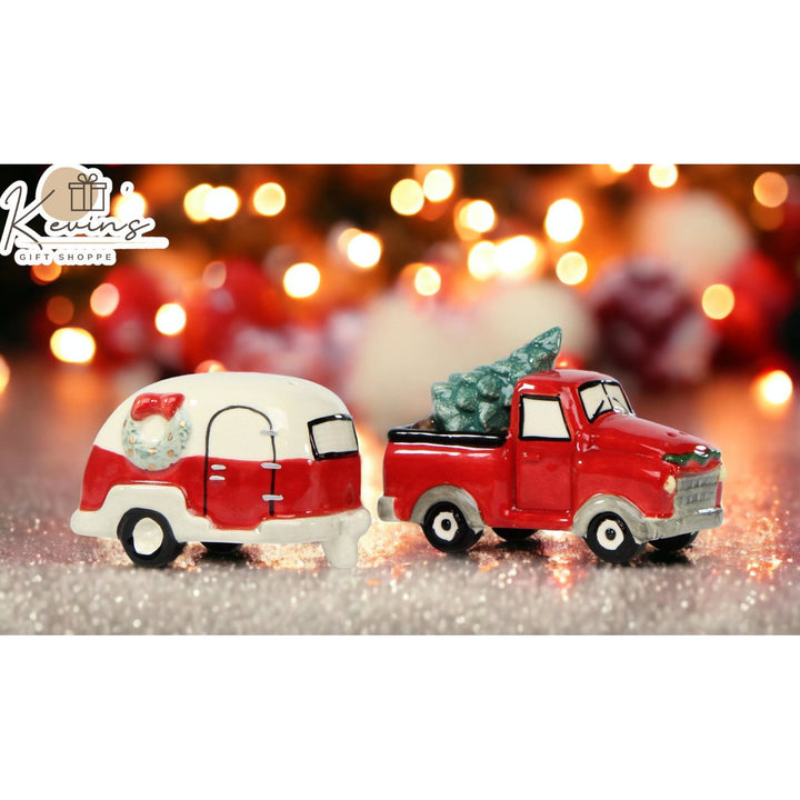 Ceramic Red Truck Salt and Pepper Shakers Christmas Tree Camper Image 1