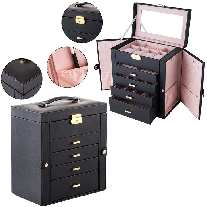 Synthetic Leather Huge Jewelry Box Mirrored Watch Organizer Necklace Earring Storage Lockable Gift Case Black Image 2