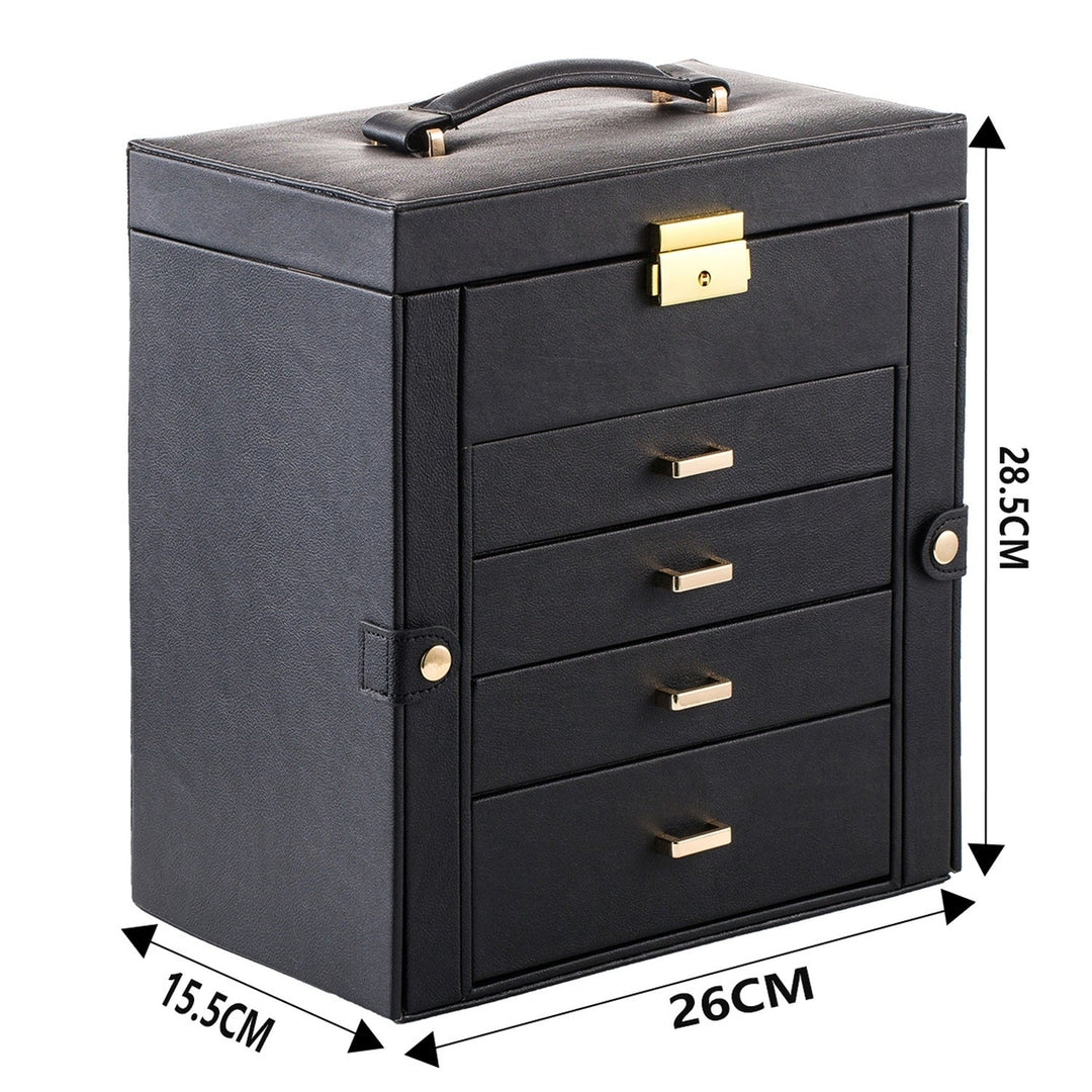 Synthetic Leather Huge Jewelry Box Mirrored Watch Organizer Necklace Earring Storage Lockable Gift Case Black Image 4