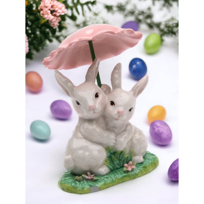 Ceramic Bunny Rabbits with Flower Umbrella 3.25in Image 1