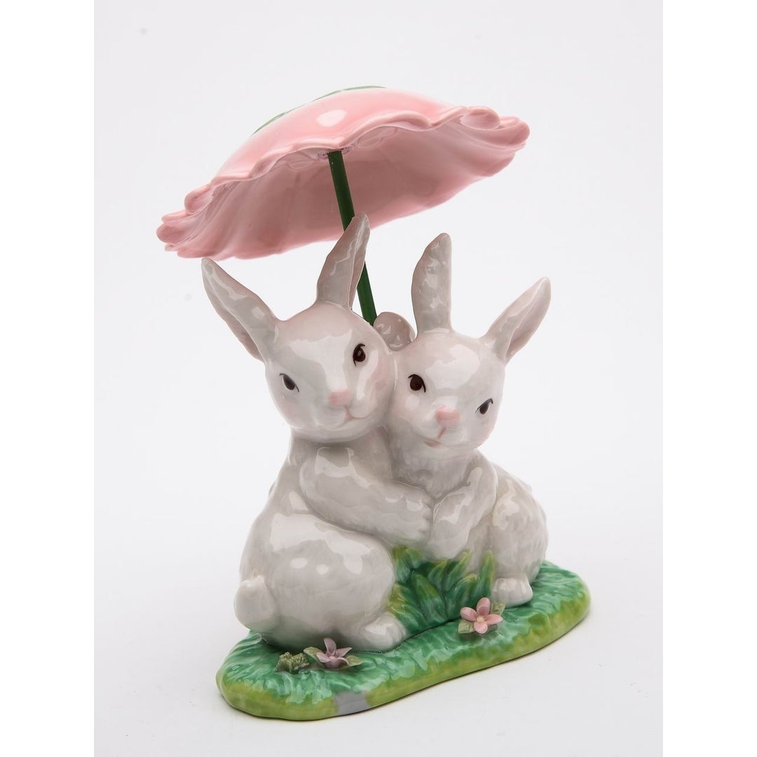 Ceramic Bunny Rabbits with Flower Umbrella 3.25in Image 3