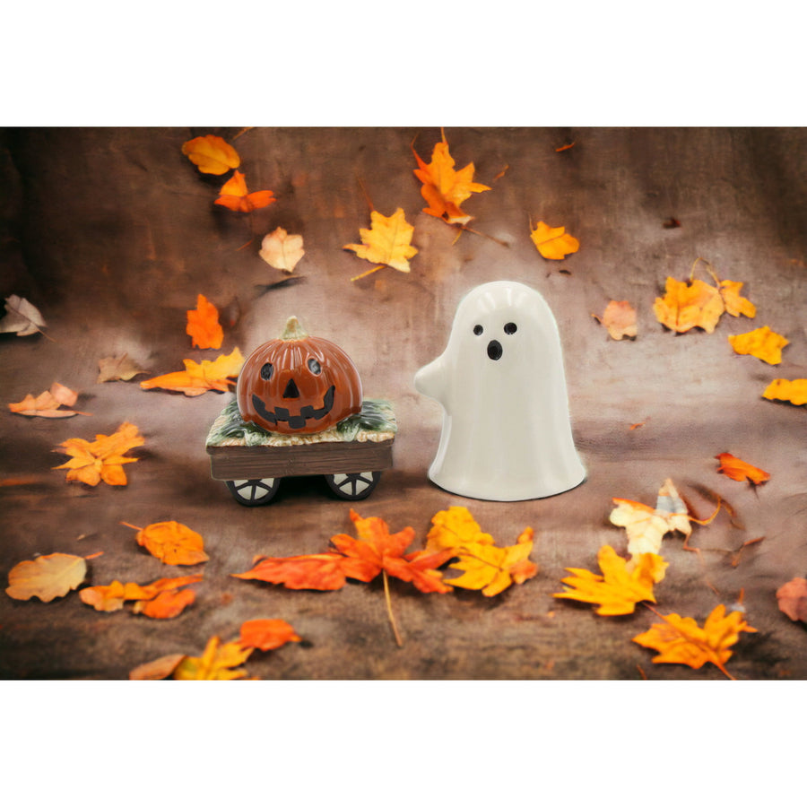 Kevins Gift Shoppe Ceramic Friendly Ghost And Pumpkin Wagon Halloween Salt And Pepper Shakers Image 1