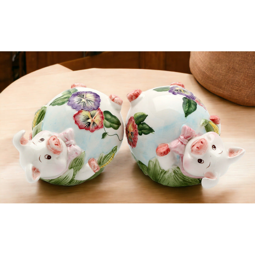 Ceramic Pansy Pig Figurine Two Piece Set Vintage Kitchen Image 2