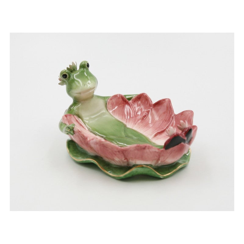 Ceramic Frog Water Lily Soap Dish 6.25" Spring Cottagecore Gift Image 2