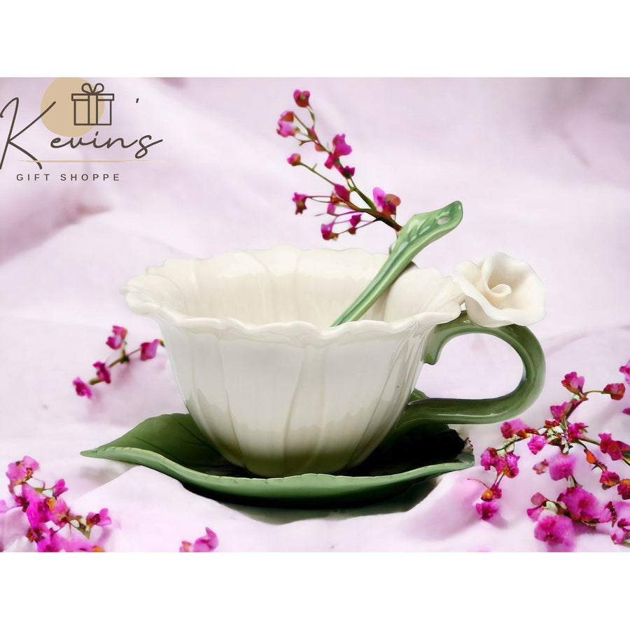 Ceramic White Daisy Flower Cup Saucer Spoon Set 4 Oz Gift Image 1