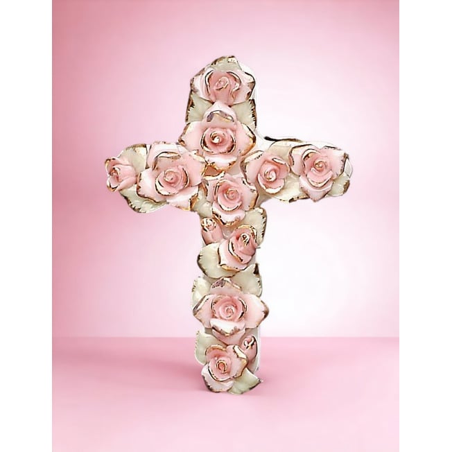 Ceramic Pink Roses Cross Pendant 1 3/4" x 2 1/2" Gift Image 2