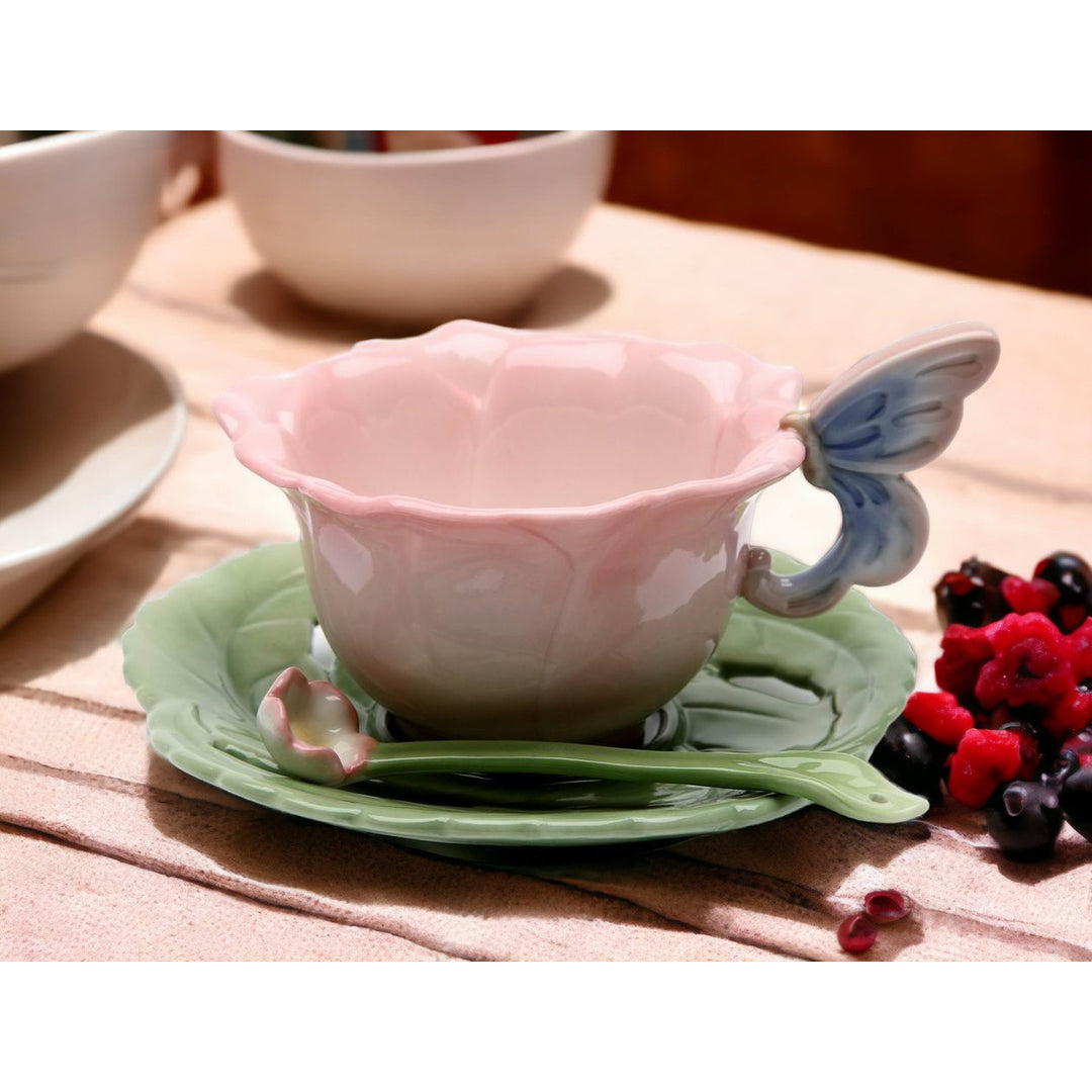 Ceramic Rose Cup Saucer Spoon Set 6 Pieces Gift for Tea Party Image 1