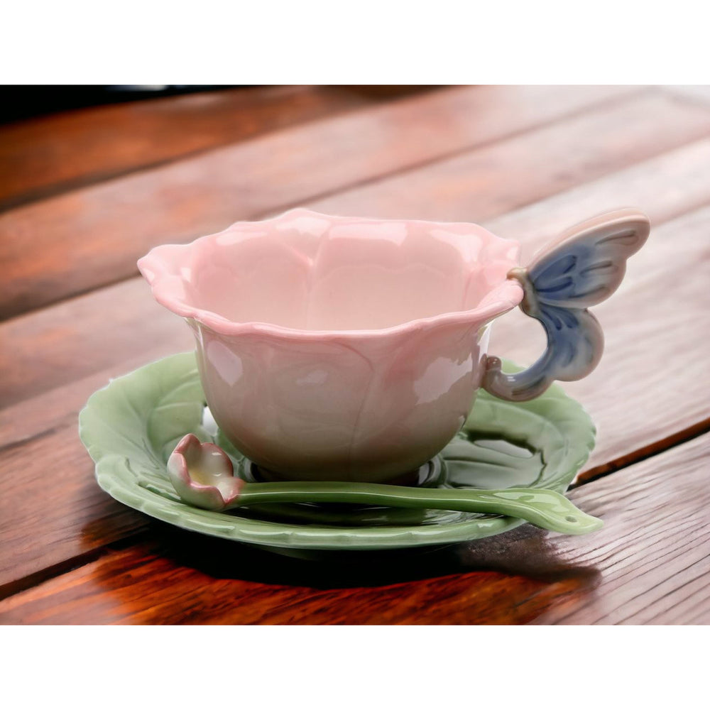 Ceramic Rose Cup Saucer Spoon Set 6 Pieces Gift for Tea Party Image 2