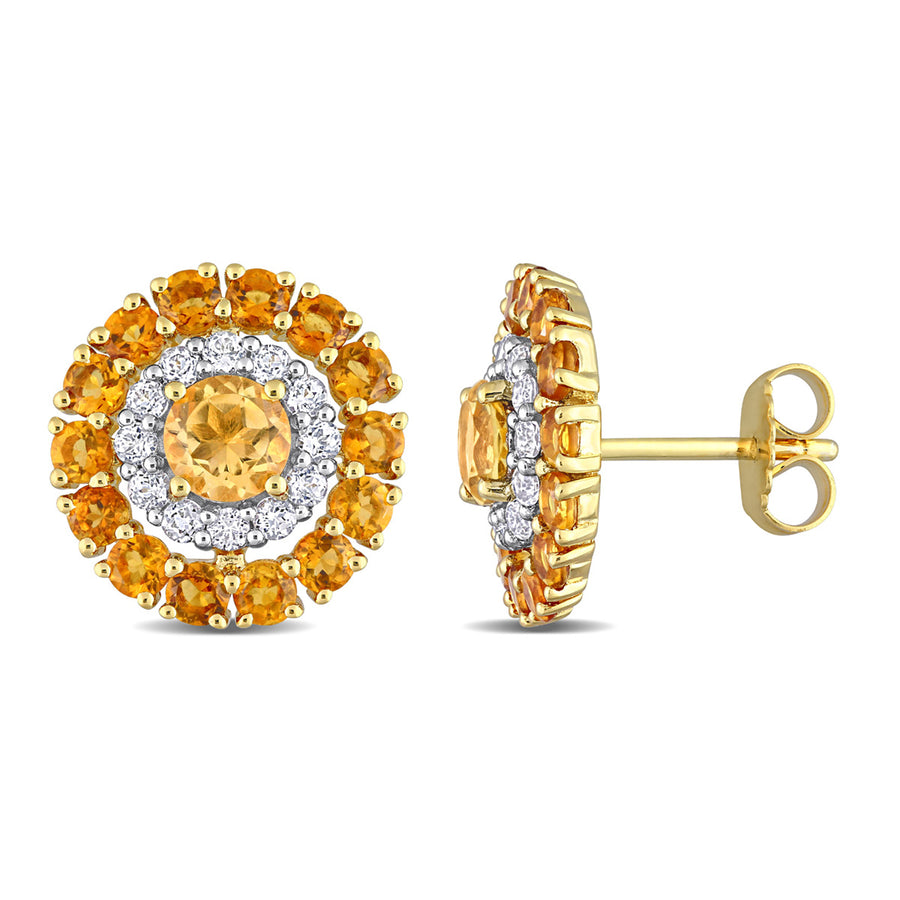 3.52 Carat (ctw) Madeira Citrine and White Topaz Halo Earrings in Yellow Plated Sterling Silver Image 1