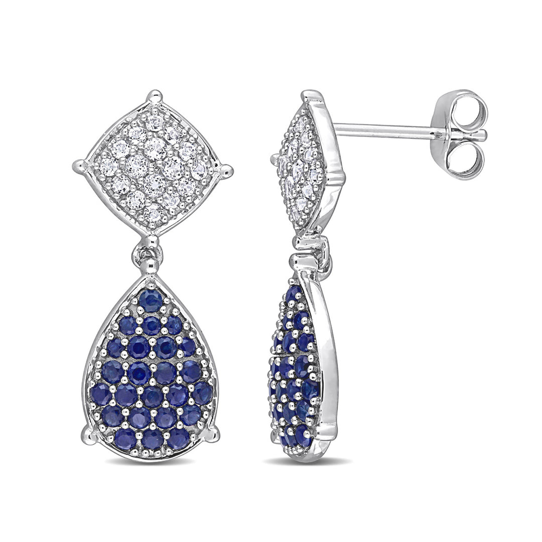 1.34 Carat (ctw) Blue Sapphire and White Topaz Drop Earrings in 14K White Gold Image 1