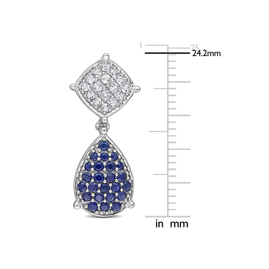 1.34 Carat (ctw) Blue Sapphire and White Topaz Drop Earrings in 14K White Gold Image 3
