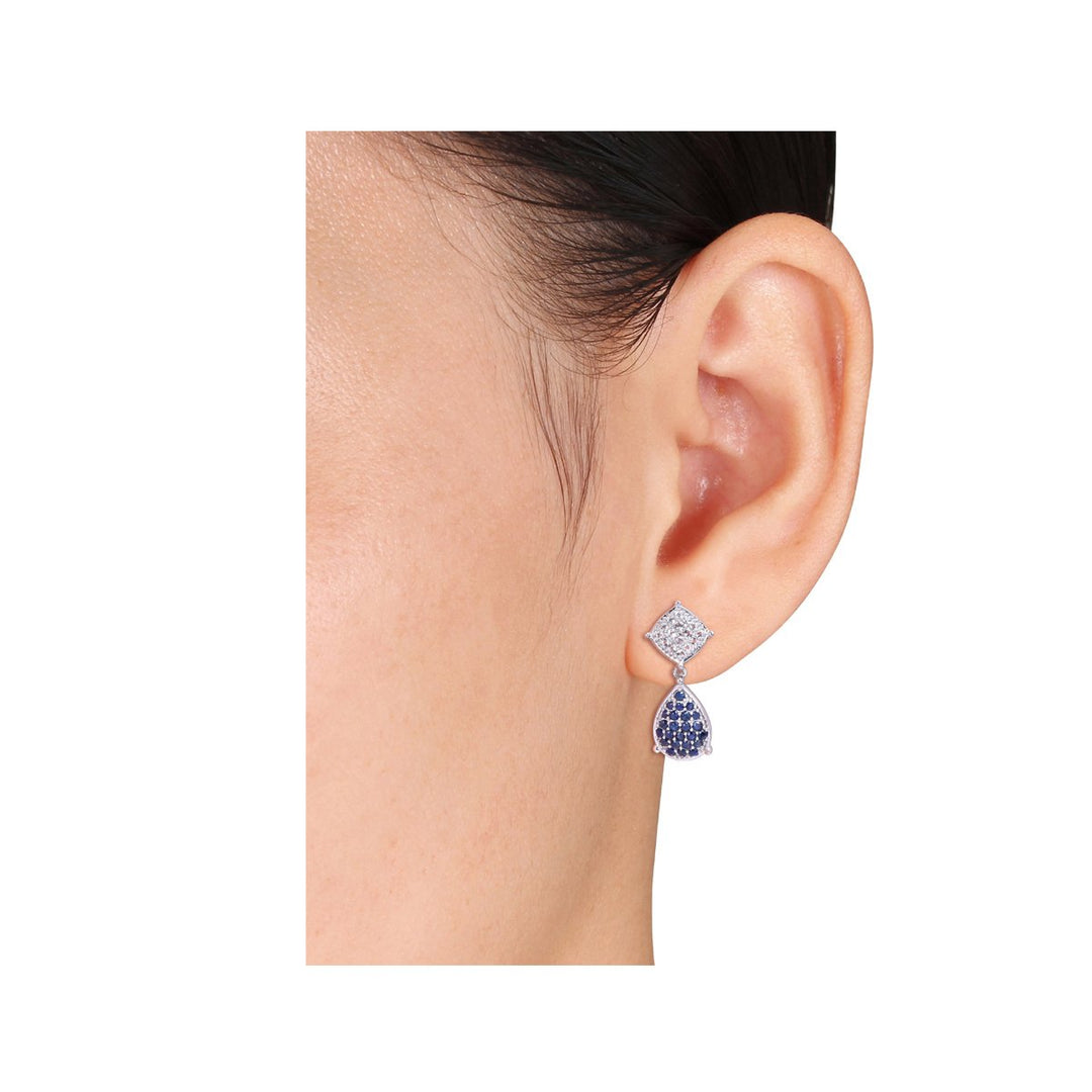 1.34 Carat (ctw) Blue Sapphire and White Topaz Drop Earrings in 14K White Gold Image 4
