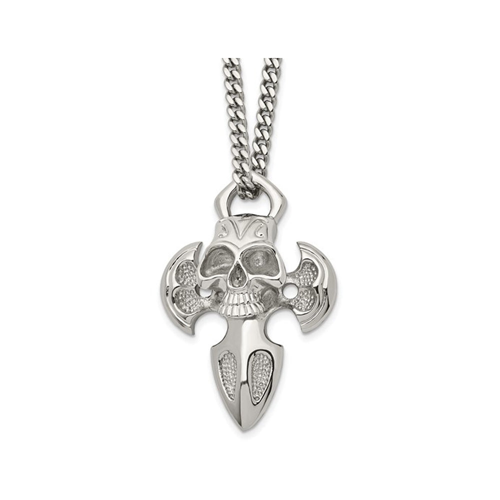 Stainless Steel Polished Skull and Cross Pendant Necklace with Chain (24 Inches) Image 1