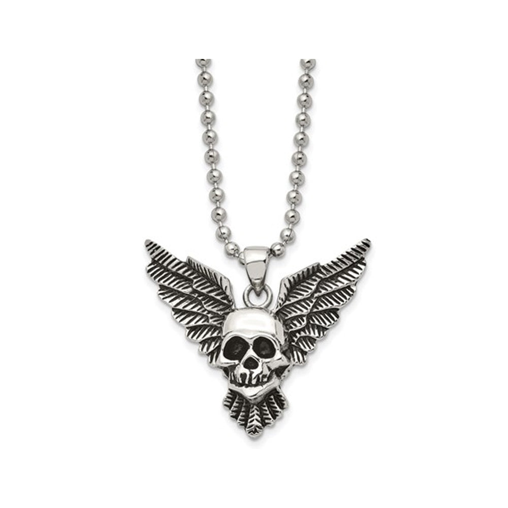 Stainless Steel Antiqued and Polished Skull with Wings Pendant Necklace with Chain (22 Inches) Image 1
