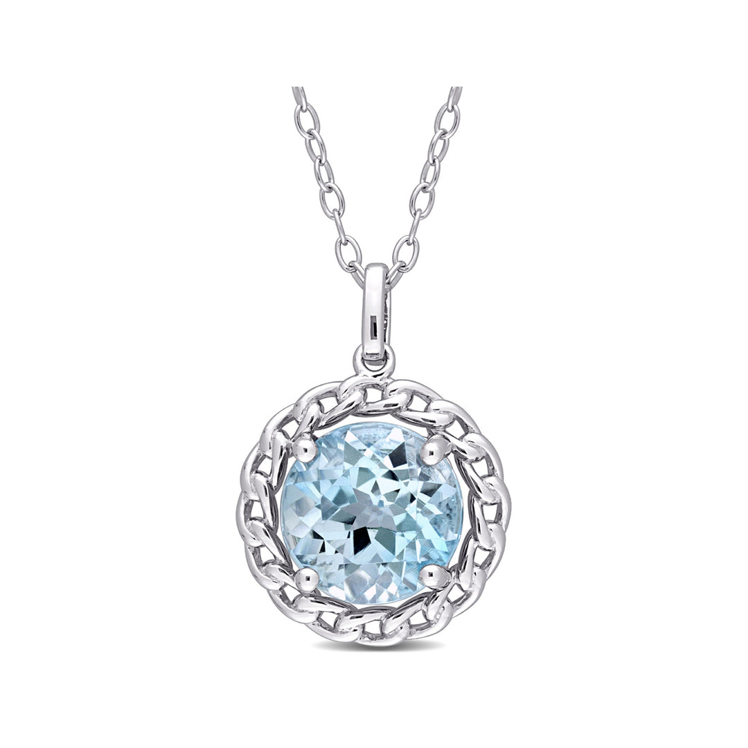 3.50 Carat (ctw) Blue Topaz Halo Pendant Necklace in Sterling Silver With Chain Image 1