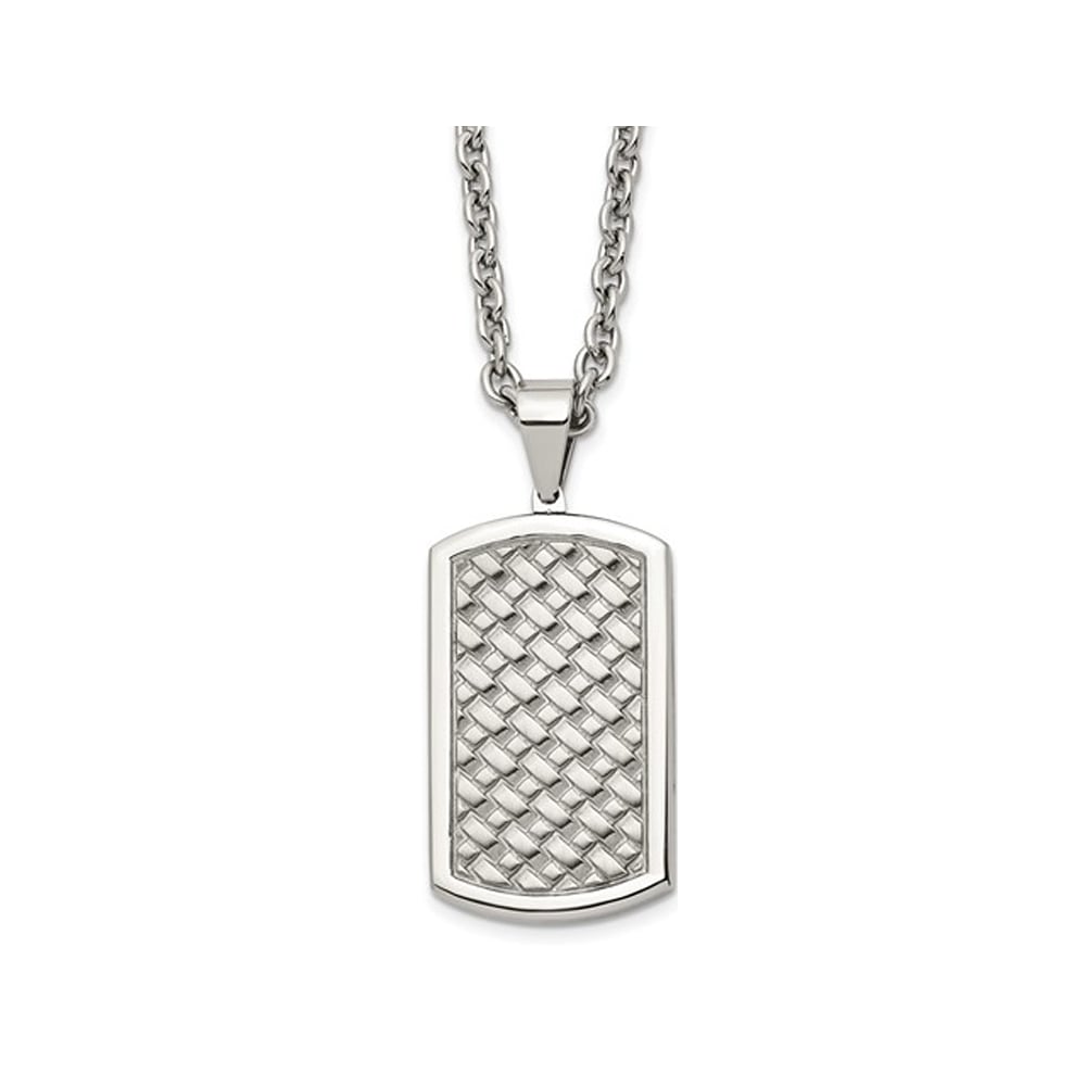 Mens Stainless Steel Weaved Pattern Dog Tag Pendant Necklace with Chain Image 1