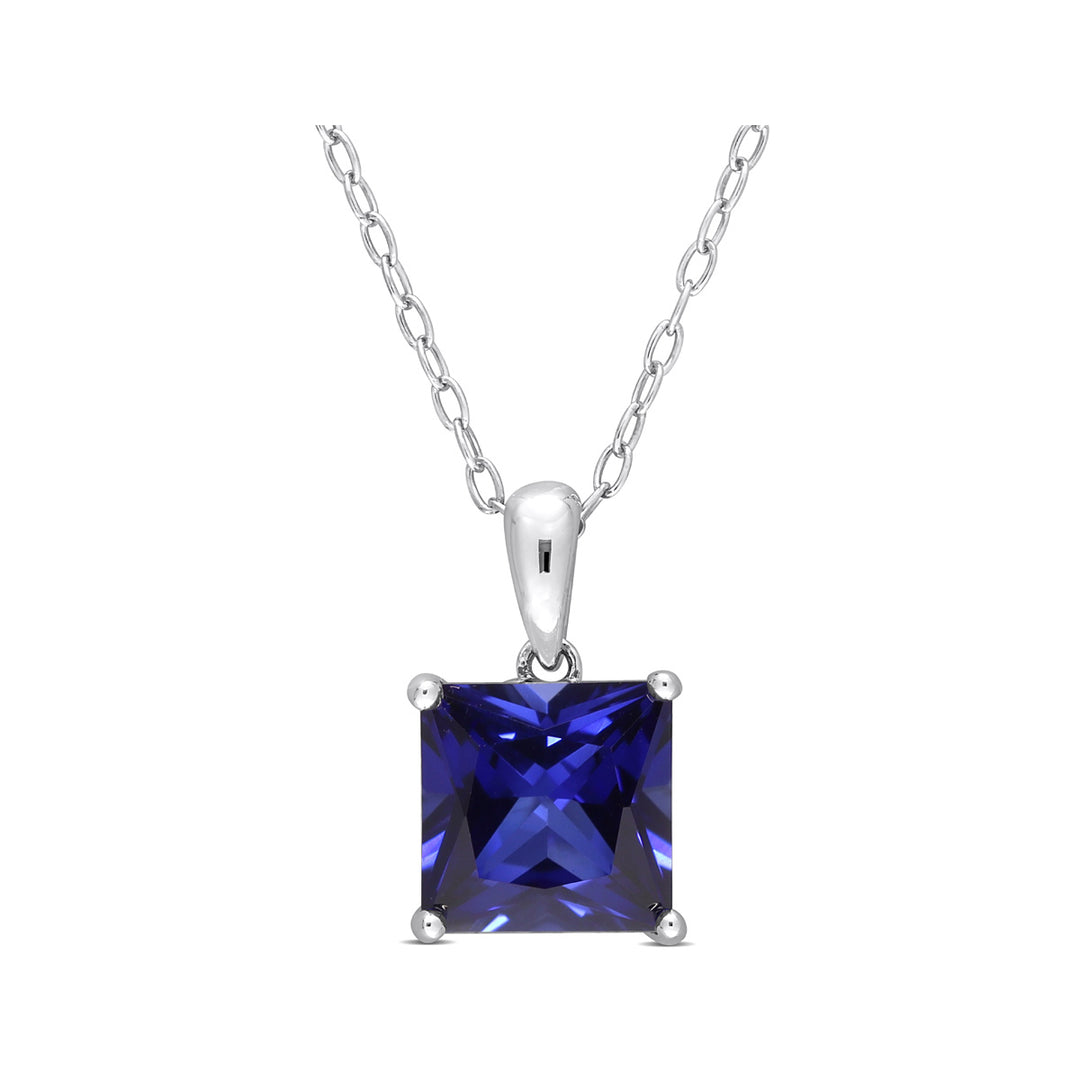 3.06 Carat (ctw) Lab-Created Blue Sapphire Princess Solitaire Pendant Necklace in Sterling Silver with Chain Image 1