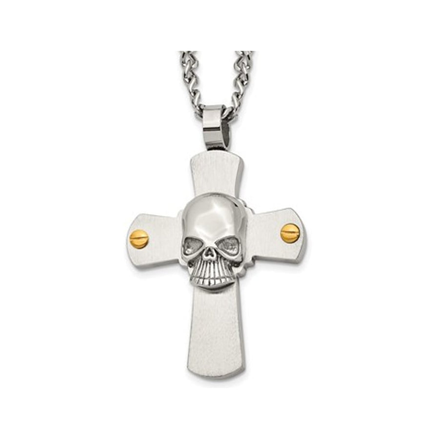 Stainless Steel Brushed Skull and Cross Pendant Necklace with Chain (24 Inches) Image 1